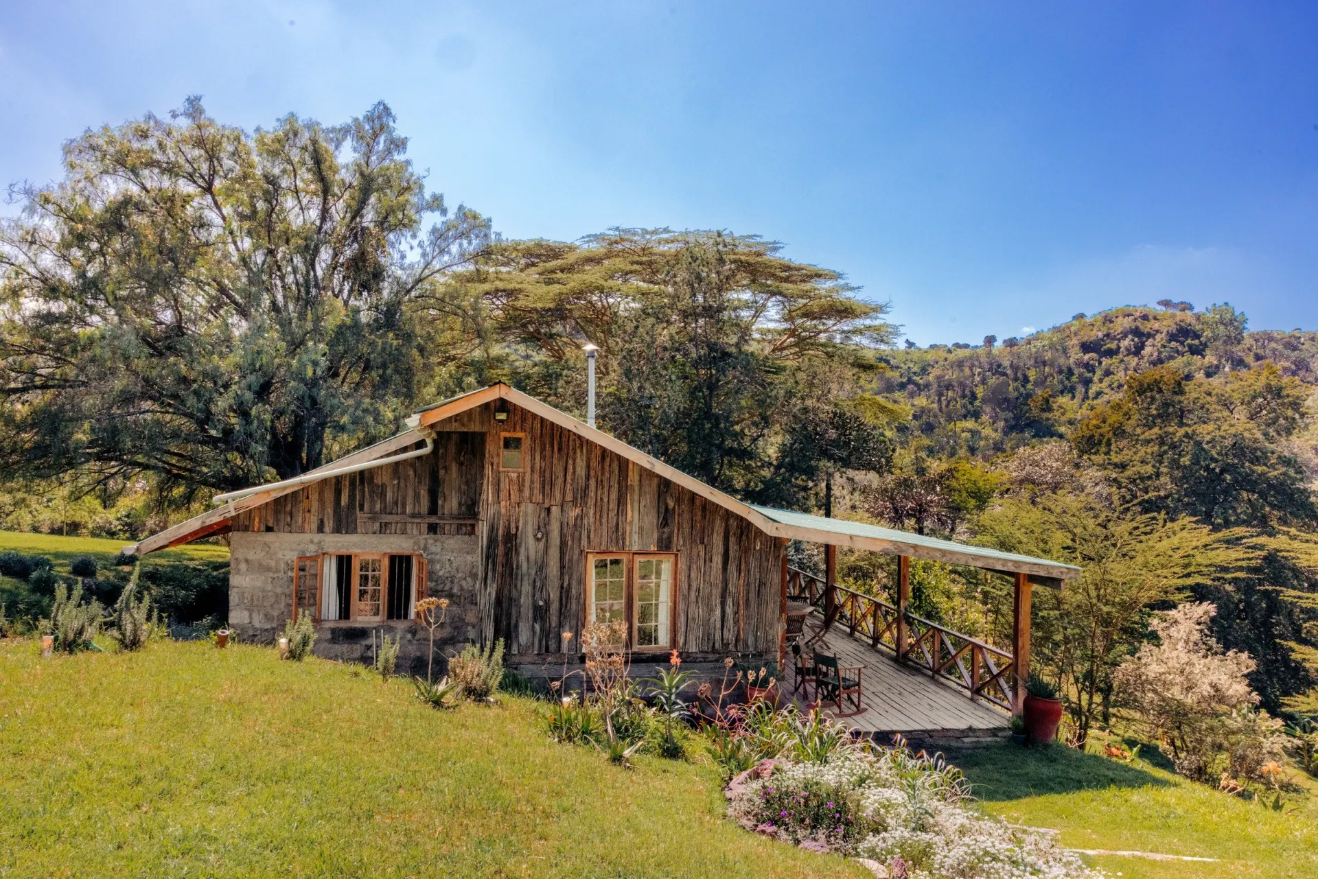 The timber Hilltop Cottage on its grassy slope among acacias, under a blue sky