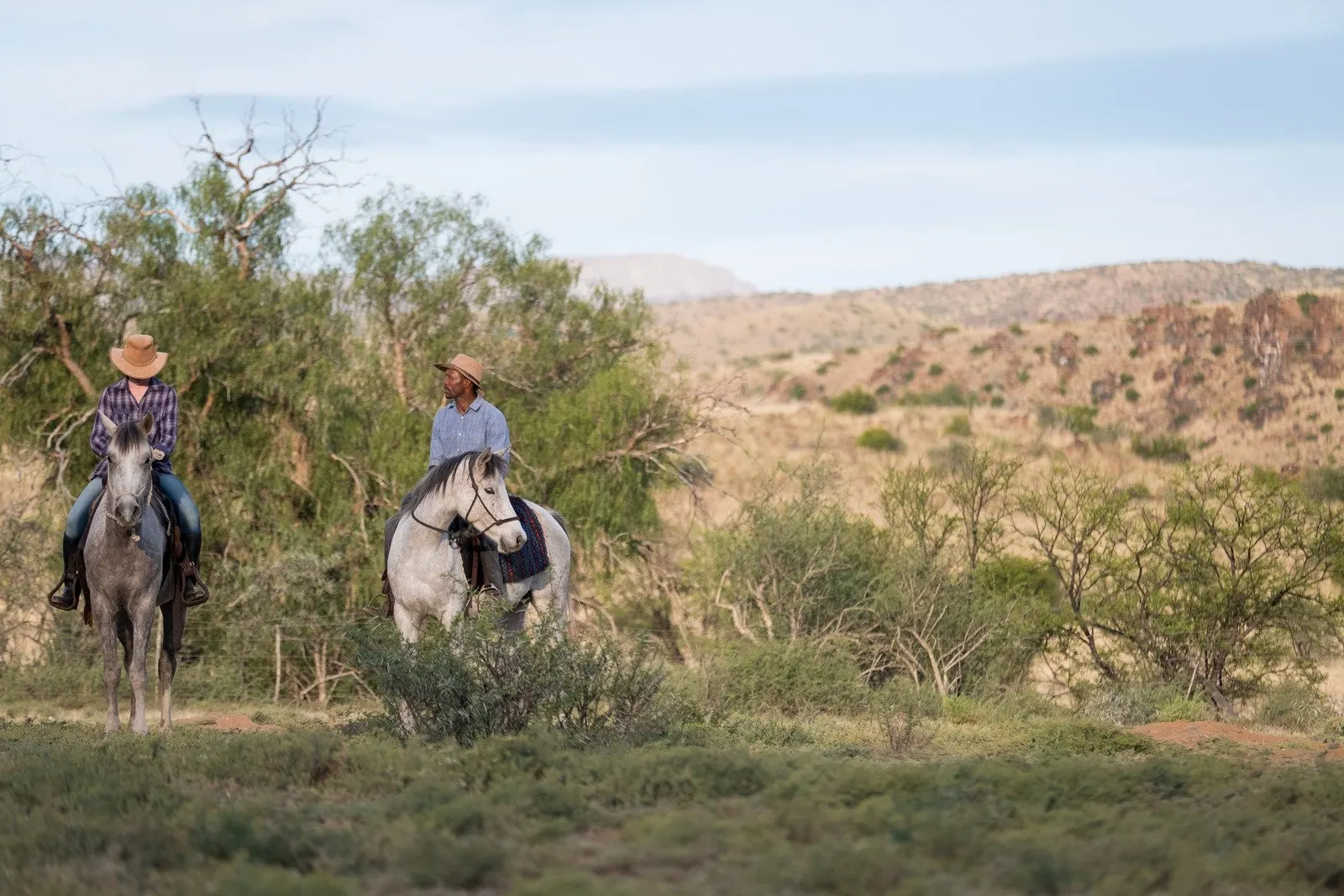 Two riders on grey horses crossing open bush on the reserve, the escarpment behind them