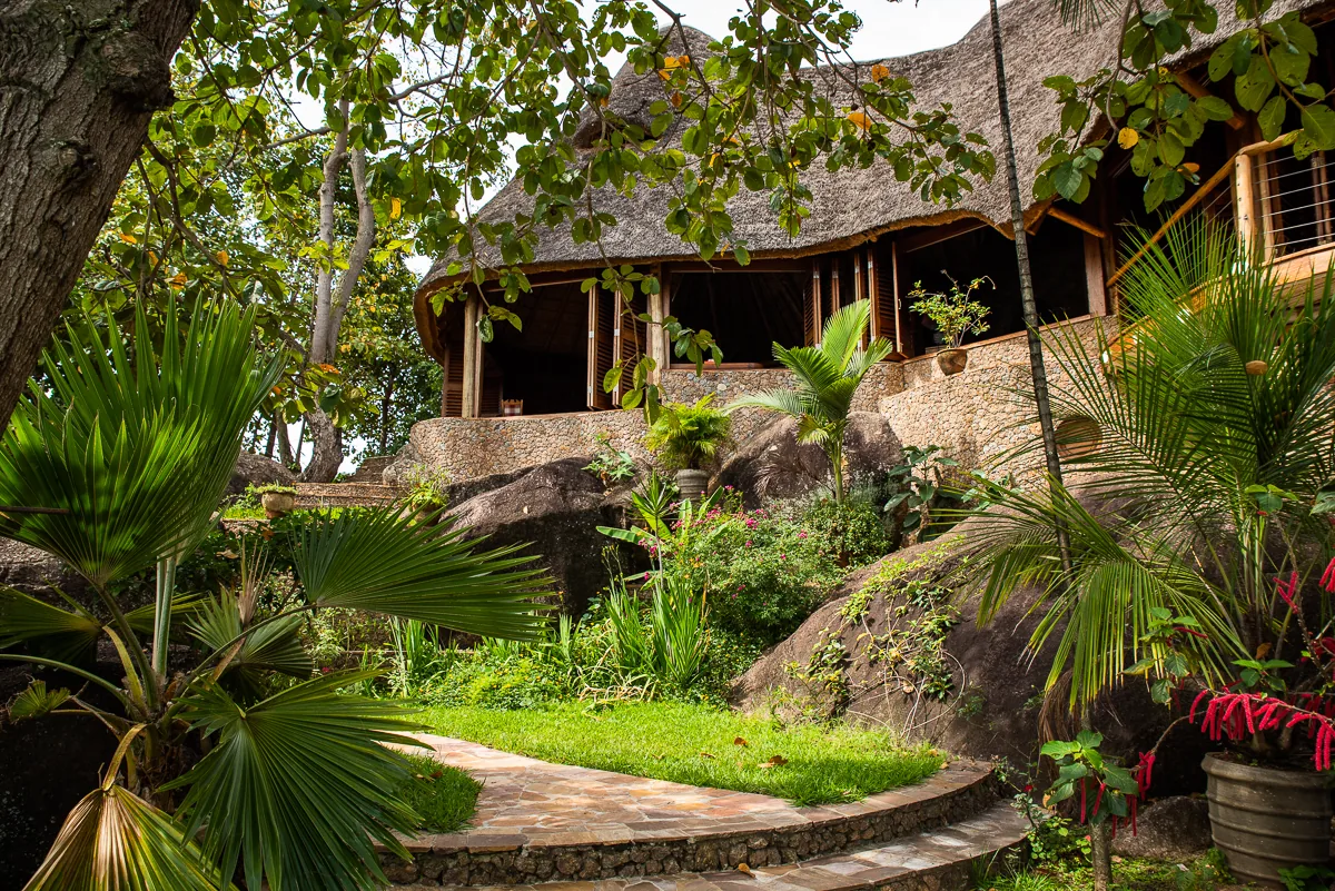 The thatched villa raised on granite boulders above a tropical garden of fan palms and flowering shrubs